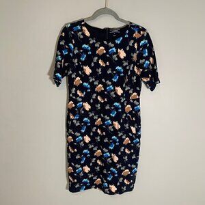 Lands'‎ End dark floral short sleeve fitted thick stretch knee length dress